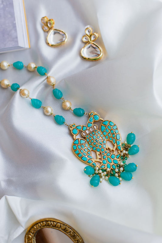 Turquoise Gandaberunda Pendant with Kundan Stud