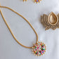 Gold Finish  Long Chain Necklace with  NAVARATNA  Flower pendant#30