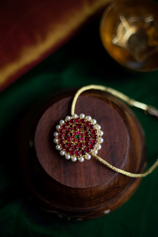 Semi Precious Kemp - Gold Finish Chain Round pendant-  Red