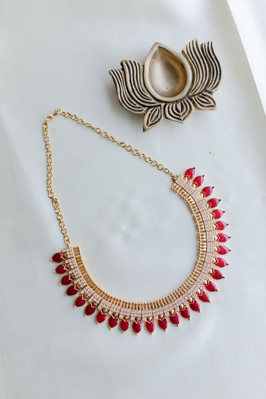 Semi Precious Kemp - Gold Finish AD & Red leaf pendant Kerala model with Jhumka