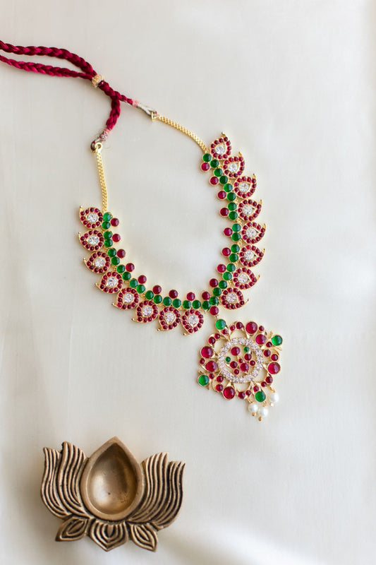 Semi Precious Kemp - Mango motifs Jumbo Flowered pendant  -Red, White,Green