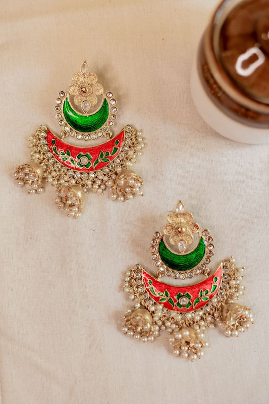 Gold Finish statement chandbali Green & Orange enamel with Jhumka