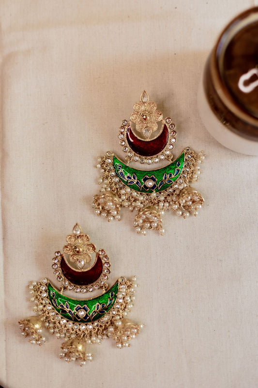 Gold Finish statement chandbali Red & Green enamel with Jhumka