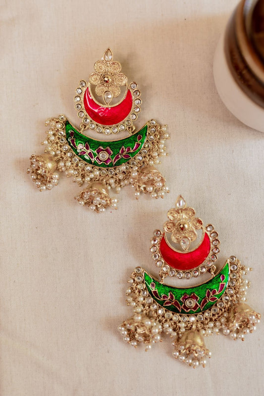 Gold Finish statement chandbali   Pink & Green enamel with Jhumka