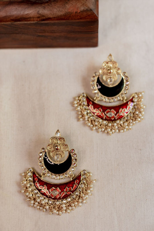 Gold Finish statement chandbali  Black & Red enamel without Jhumka