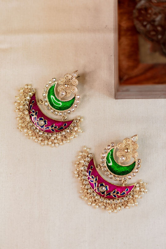 Gold Finish statement chandbali Green & Red enamel without Jhumka