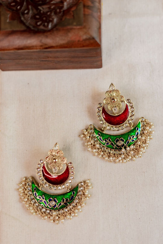 Gold Finish statement chandbali  Red & Green enamel without Jhumka