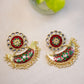 Flower Stud Kundan stone statement  Red  stud with Green half moon  chandbali