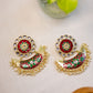 Flower Stud Kundan stone statement  Red  stud with Green half moon  chandbali