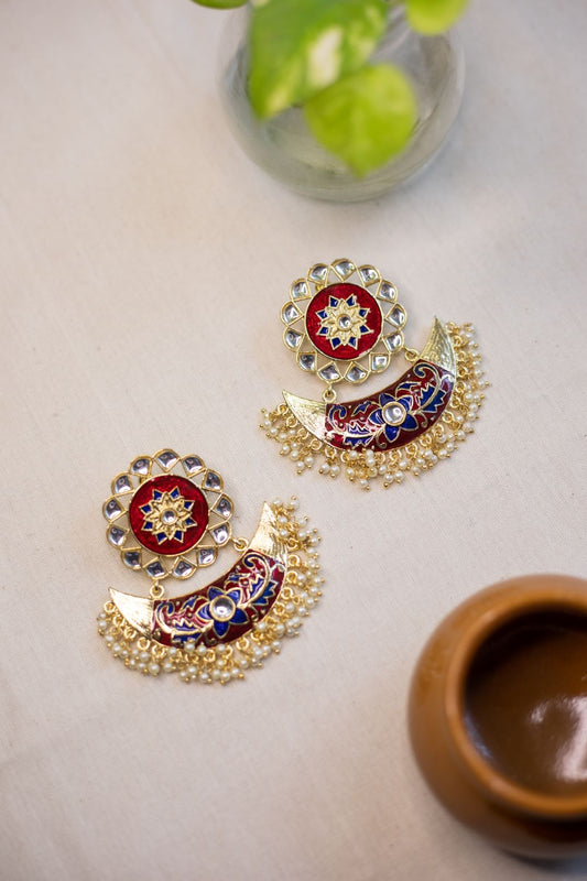 Flower Stud Kundan stone statement   Red  stud with Blue half moon  chandbali