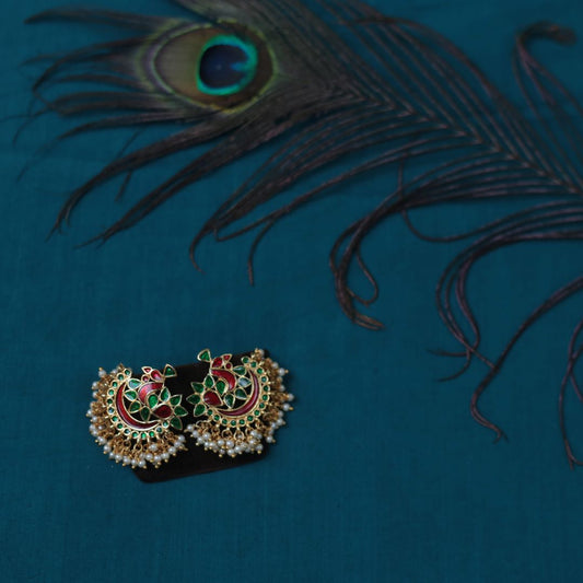 Gold Finish peacock Red & Green enamel stud