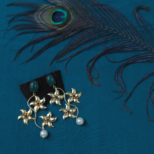 Gold Finish Green Stone Flower earring