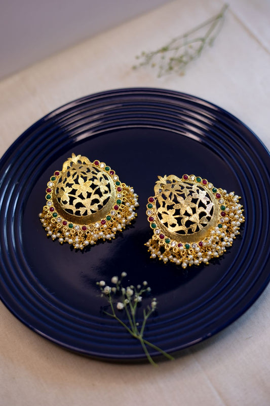 Gold finish statement flower Red, Green & White stud with pearl beads