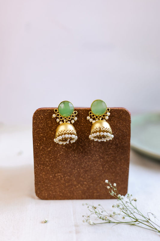 Gold Finish Pastel Green crystal stone small jhumka with pearl