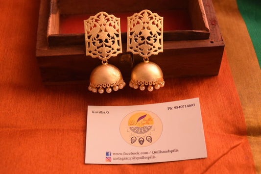 Gold Finish twin peacock square stud with pearl hanging jhumka (Matte finish)