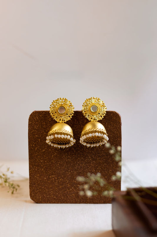 Gold Finish flower stud jhumka with mirror (Matte finish)