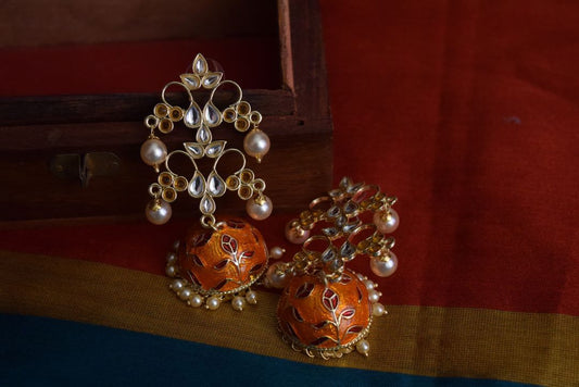 Gold Finish statement  Orange tear drops layered stud jhumka