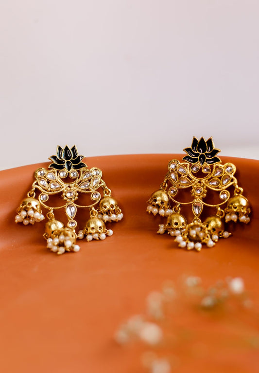 Gold Finish   Black Lotus Stud Chandlier Jhumka