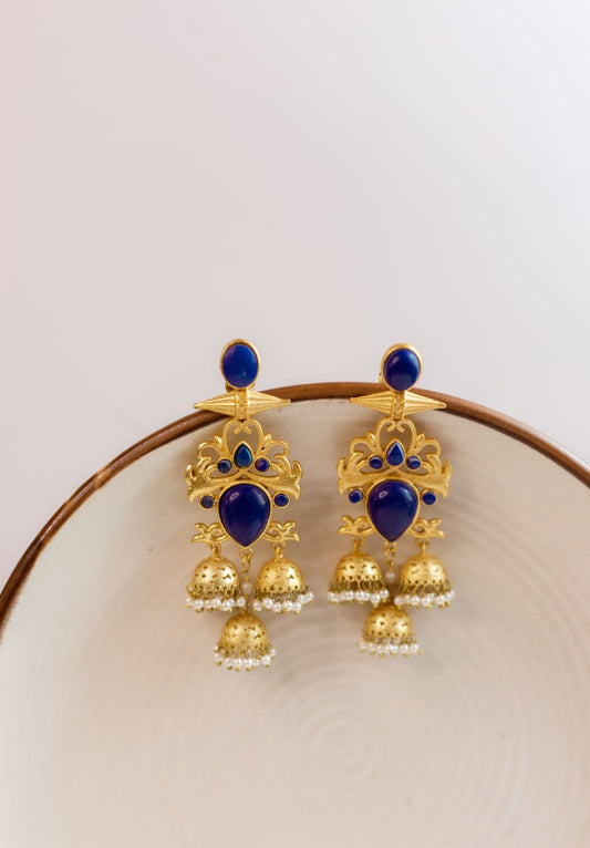 Gold Finish statement Blue  Bullet Stud Chandlier Jhumkas