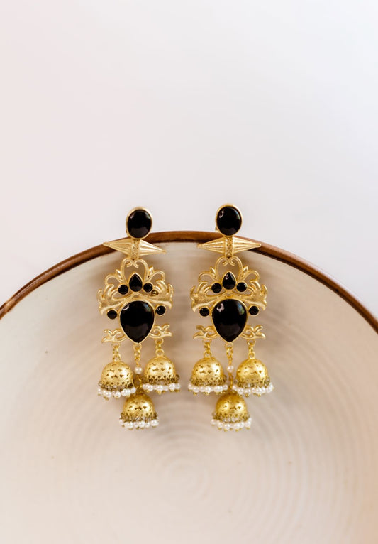 Gold Finish statement Black Bullet Stud Chandlier Jhumkas.