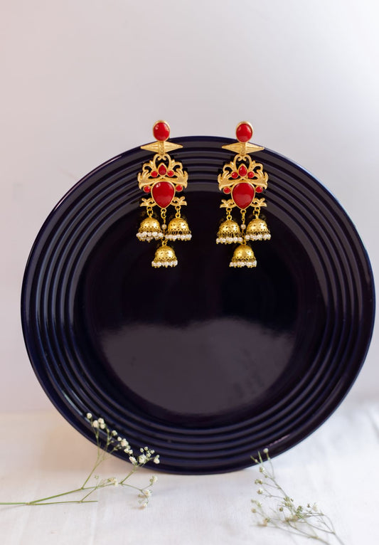 Gold Finish statement  Red  Bullet Stud Chandlier Jhumkas