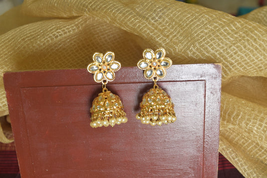 Kundan Jhumka - Medium Size- Round Flower Stud