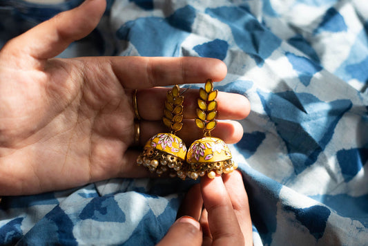 Gold Finish kundan   yellow leaf stud with enamel jhumka