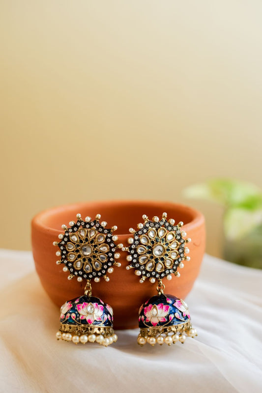 Gold Finish kundan Dark Navy blue  flower stud with enamel jhumka