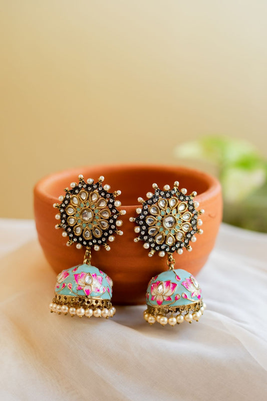 Gold Finish kundan  Light blue flower stud with enamel jhumka