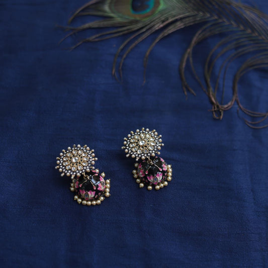 Gold Finish kundan  Black  flower stud with enamel jhumka