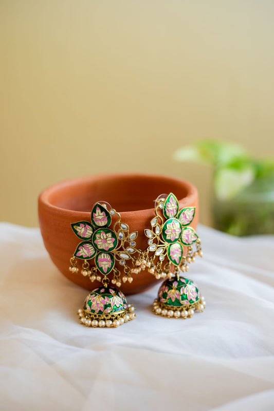 Gold Finish enamel Dark Green  Lotus stud with enamel Lotus jhumka  (Model 2)