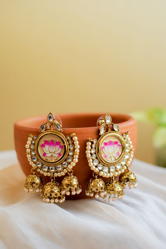 Gold Finish yellow lotus enamel with kundan & pearl stud with chandlier jhumka