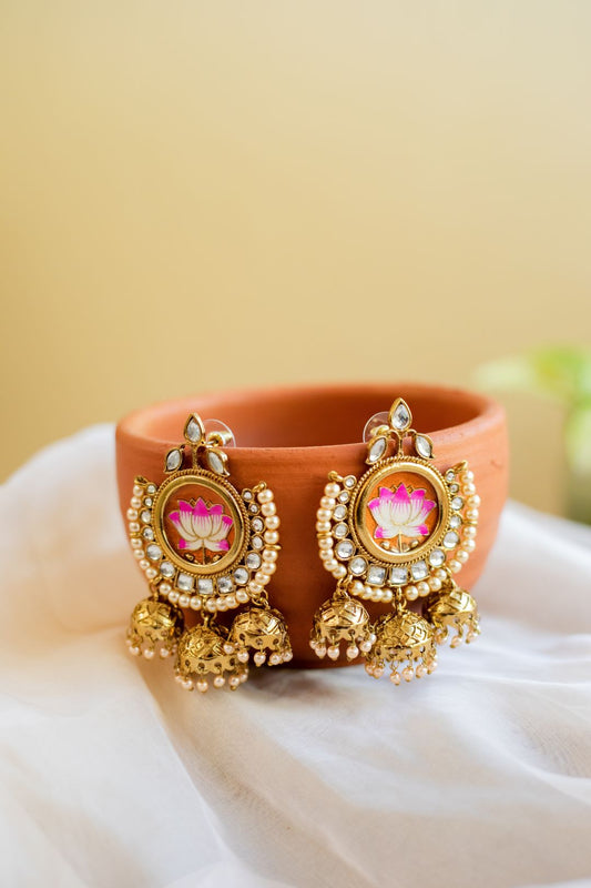 Gold Finish orange lotus enamel with kundan & pearl stud with chandlier jhumka