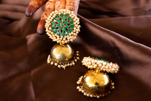 Statement Cluster pearl  Green stud with jhumka (Jumbo Size)