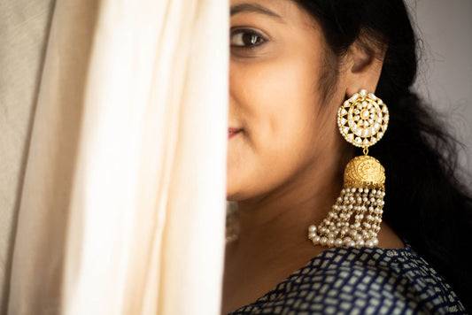 Gold Finish statement kundan stud with jumka & long pearl cluster hanging