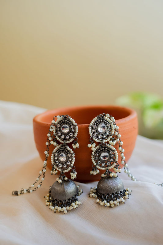 Silver finish 2 layered round stud with maatal and jhumkas