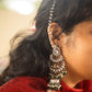 German Silver finish  tear drop kundan layered stud jhumkas with maatal & Green Beads