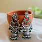 German Silver finish  tear drop kundan layered stud jhumkas with maatal & Green Beads