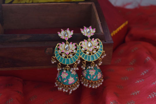 Handpainted Ramar Green with Pink  Enamel Lotus Jhumka