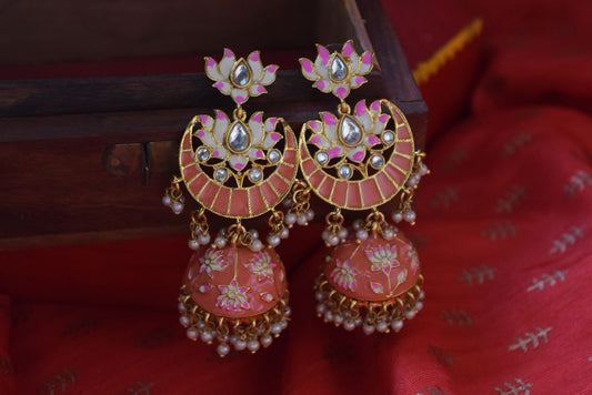 Handpainted Rust Brown Enamel Lotus Jhumka