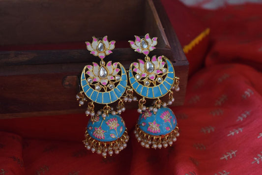 Handpainted Sky Blue  Enamel Lotus Jhumka