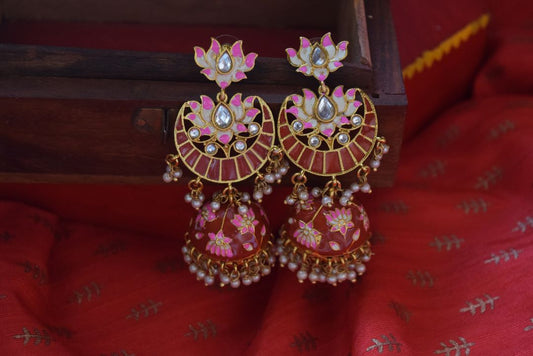 Handpainted  Maroon Red Enamel Lotus Jhumka